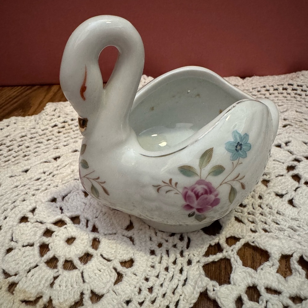 Vintage White Swan Ceramic Figurine with Floral Design